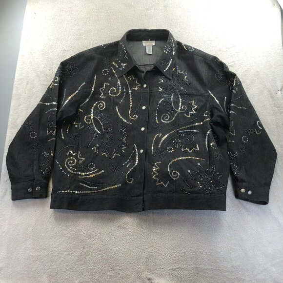 Victor Costa Occasion Women's Denim Jacket Embellished Snap Front Black - Picture 12 of 13